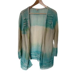 Reba Cardigan Womens Large Turquoise Green Tie Dye Excellent Boho Crochet Lace